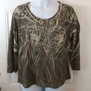 Equation olive green printed 3/4 sleeve blouse
